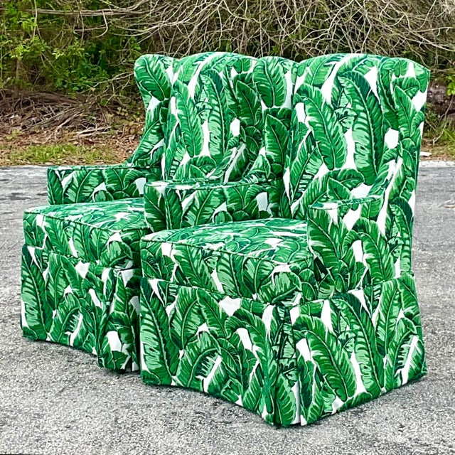 Vintage Coastal Palm Frond Skirted Wingback Chairs - a Pair For Sale - Image 10 of 12