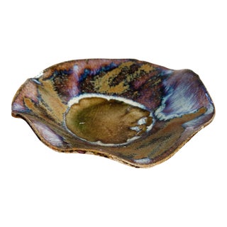 Vintage Hand Thrown Ceramic Trinket Dish With Fluted Rim in Purple, Blue and Tan For Sale