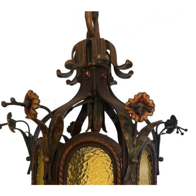 Bronze Early 1900’s Original Polychrome Painted Chandelier With Flowers and Amber Glass For Sale - Image 8 of 14