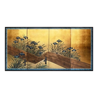 "Rinpa Iris Yatsuhashi" by Taizan, Heisei Era Japanese Painted Byobu Screen For Sale