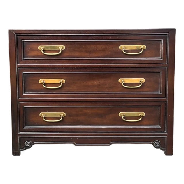 1960s Mid-Century Henredon Ming Style Campaign Hardware Walnut Chest of Drawers For Sale