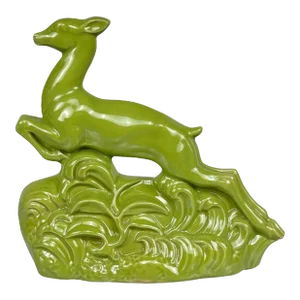 Mid-Century Art Deco Avocado Green Porcelain Leaping Deer Tv Lamp