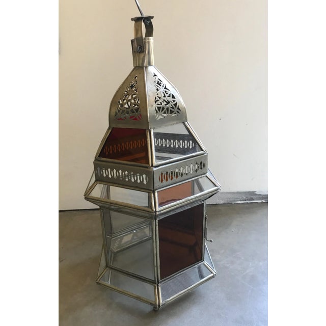 Brass Moroccan Pierced Brass and Colored Glass Lantern For Sale - Image 8 of 8