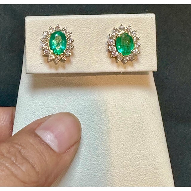 4 Ct Oval Shape Emerald & 1.5 Ct Diamond Post Back Earrings 14 Karat Yellow Gold For Sale - Image 14 of 18