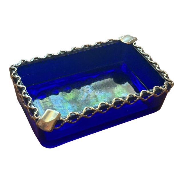 Art Deco Cobalt Blue Ashtray With Metal Detail, Circa 1930s For Sale