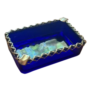 Art Deco Cobalt Blue Ashtray With Metal Detail, Circa 1930s