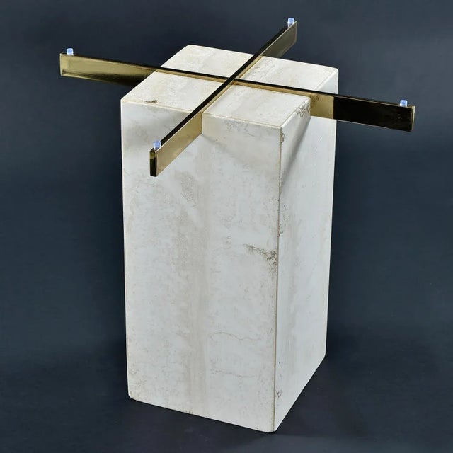 Metal Travertine Stone and Brass Pedestal Side Table With Square Glass For Sale - Image 7 of 10