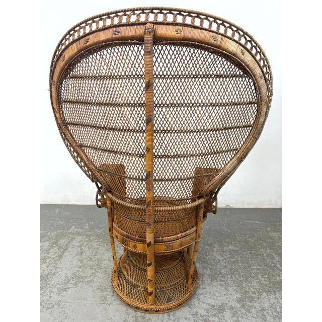 Mid 20th Century Mid 20th Century Wicker Rattan Peacock Fan Back Lounge Chair With Ottoman - Set of 2 For Sale - Image 5 of 12
