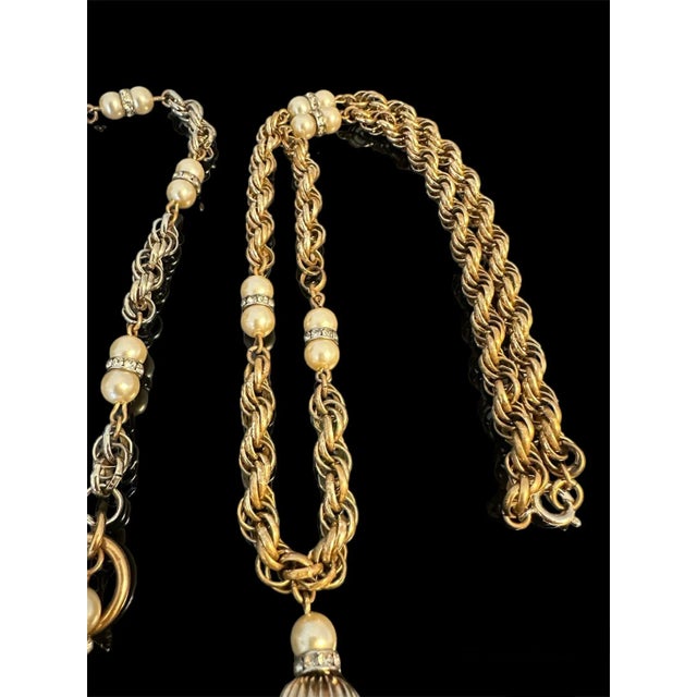 Mid 20th Century Mid 20th Century Trifari Chainlink Tassel Faux Pearl Rhinestone Necklace and Bracelet Set - 2 Pieces For Sale - Image 5 of 12