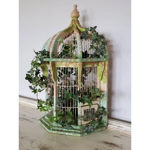Whimsy Chic Decorative Distressed Painted Bird Cage For Sale - Image 4 of 11