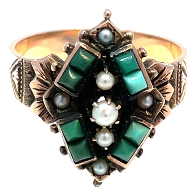 Antique Victorian 9k Rose Gold Turquoise & Pearl Ring, Size 8 For Sale