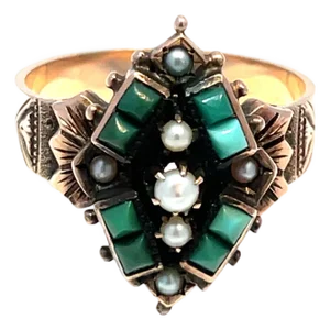 Antique Victorian 9k Rose Gold Turquoise & Pearl Ring, Size 8