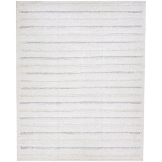 Modern Swedish Style Handmade Beige and Gray Wool Rug With Striped Design For Sale - Image 11 of 11