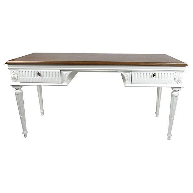 Vintage Neoclassical Fluted Arched Coved Desk With Book-Matched Butterfly Top For Sale