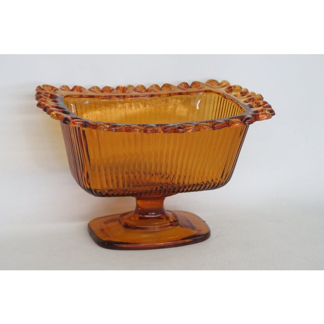 Late 20th Century Ftda 1981 Amber Golden Brown Pressed Glass Embossed Pedestal Candy Dish 5088b For Sale - Image 5 of 18