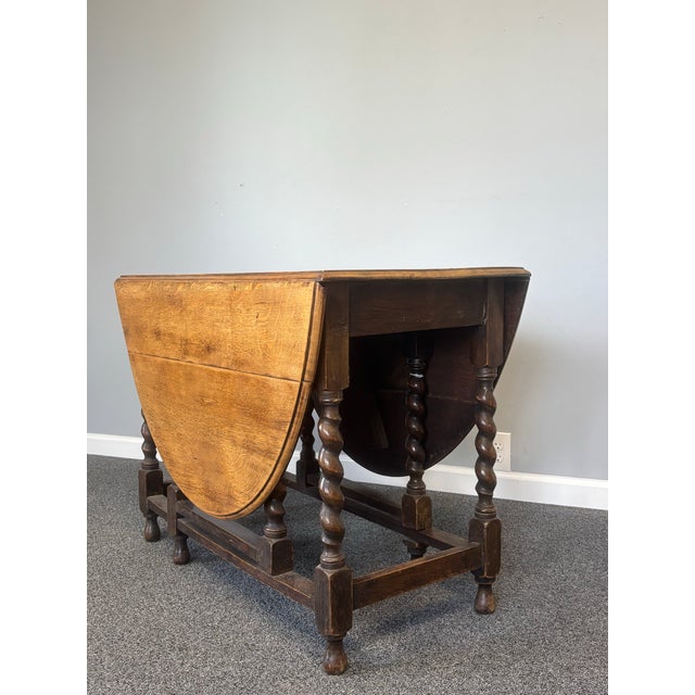 Antique English Oak Drop Leaf Gate Leg Table With Barley Twist For Sale - Image 4 of 12