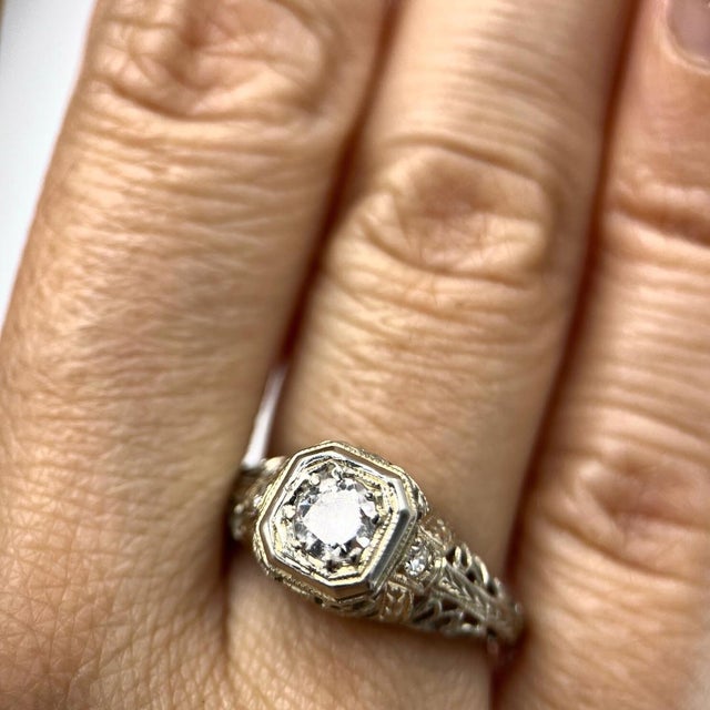 Silver Art Deco Diamond Filigree Engagement Ring in 18k White Gold, Old European Cut 0.25 Ct, C. 1920s, Size 5 For Sale - Image 8 of 12