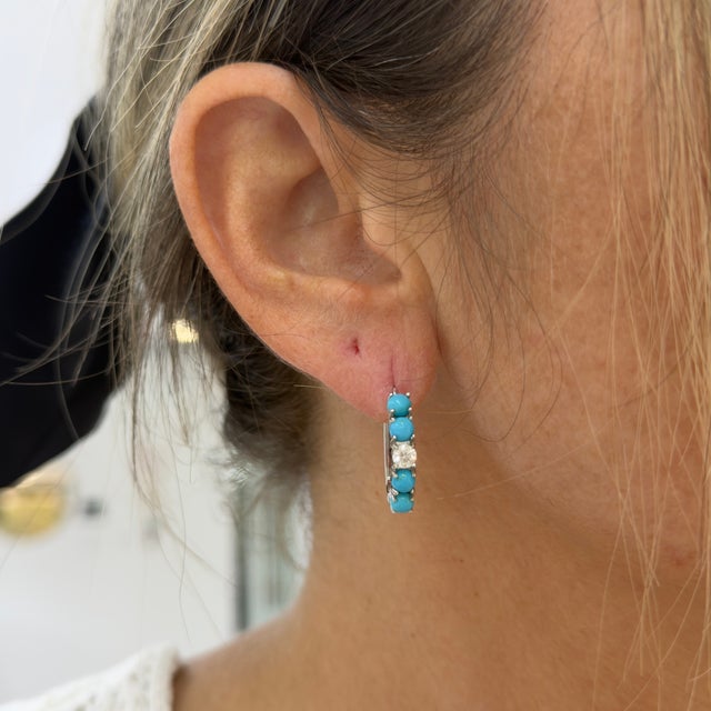Silver Ladies 18k White Gold 2.25ctw Diamond and Turqouise Huggie Hoops Earrings, Pair For Sale - Image 8 of 8
