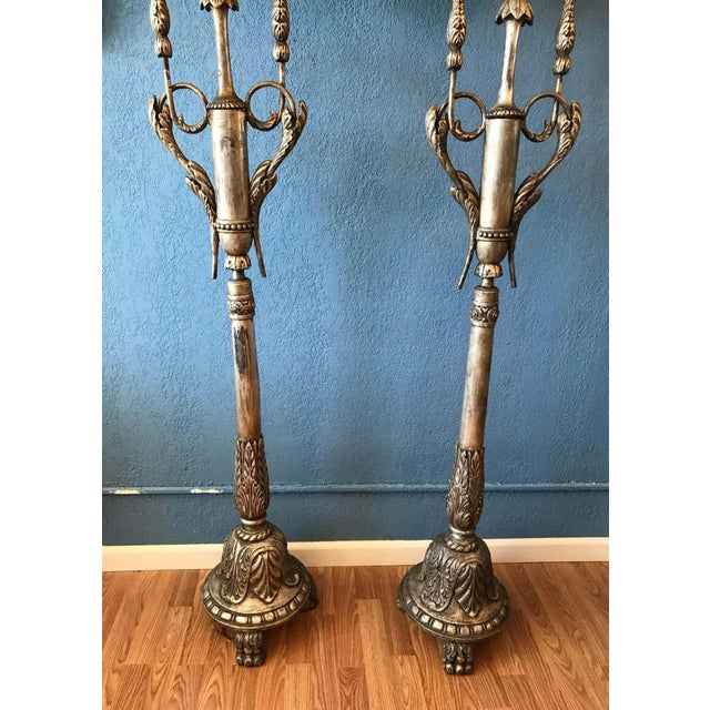 Early 20th Century Pair of Silver-Leaf Carved Wood Torchieres / Floor Lamps For Sale - Image 5 of 13