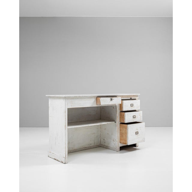 1900s French Wood White Patinated Shop Counter With Marble Top For Sale - Image 4 of 18