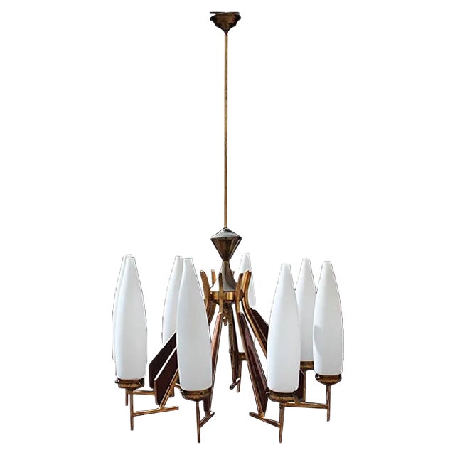 Large Wooden Murano Glass and Brass Chandelier from Esperia, 1950s For Sale
