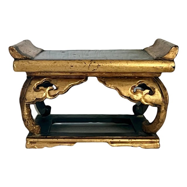 Antique Black and Gold Altar Style Chinese Carved Wood Display Stand / Pedestal For Sale