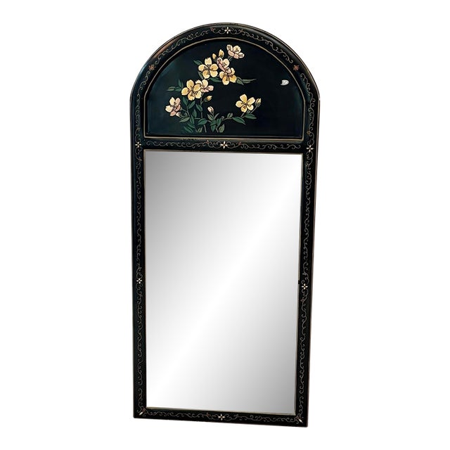 1960s-70s Black Lacquered Carved Asian Style Arched Wall Mirror For Sale