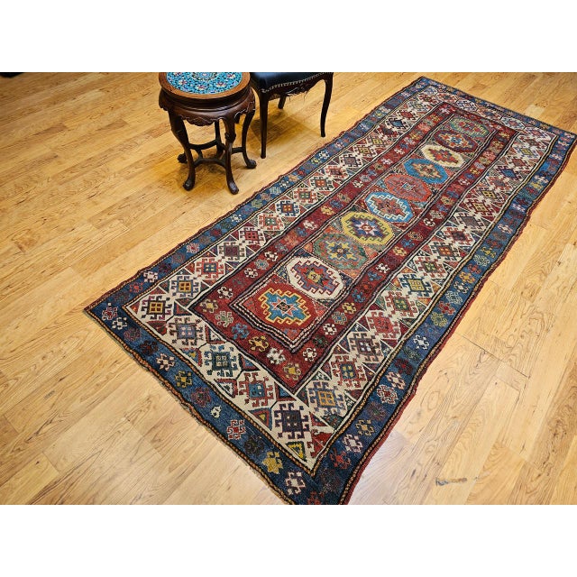 Red Antique Caucasian Kazak Runner, Handwoven Wool, Medallion Geometric Design, 4' x 10' For Sale - Image 8 of 18