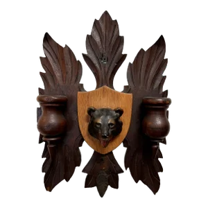 19th Century Black Forest Bear Head Carved Double Match Holder With Strike