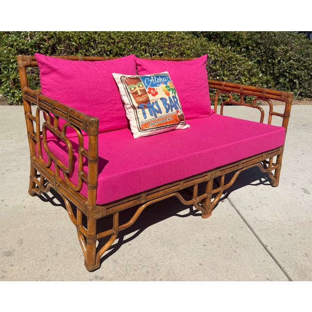Vintage Rattan Chinoiserie Loveseat, New Pink Linen Upholstery For Sale In San Diego - Image 6 of 14