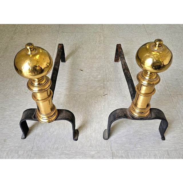 Pair 18th Century Early American Brass and Iron Canon Ball Andirons For Sale - Image 4 of 8