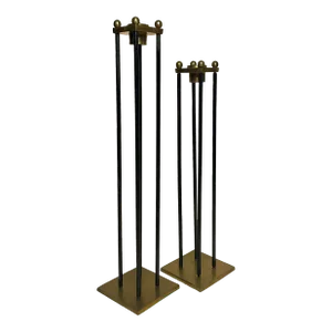 Mid Century Modern Black and Brass Candlesticks, a Pair