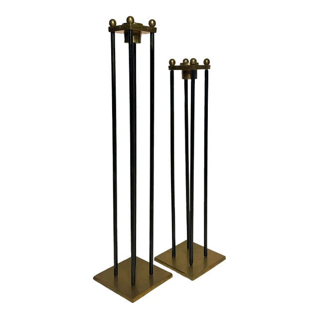 Mid Century Transitional Black Metal and Brass Candlesticks, a Pair For Sale
