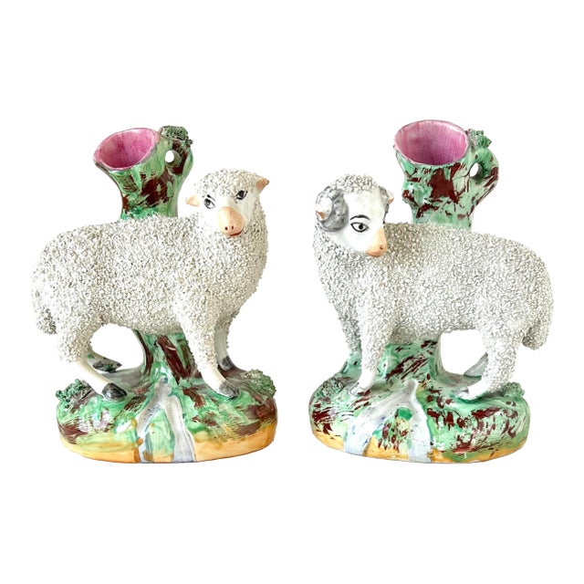 Antique Victorian Staffordshire Confetti Sheep Spill Vases For Sale