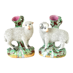 Antique Victorian Staffordshire Confetti Sheep Spill Vases