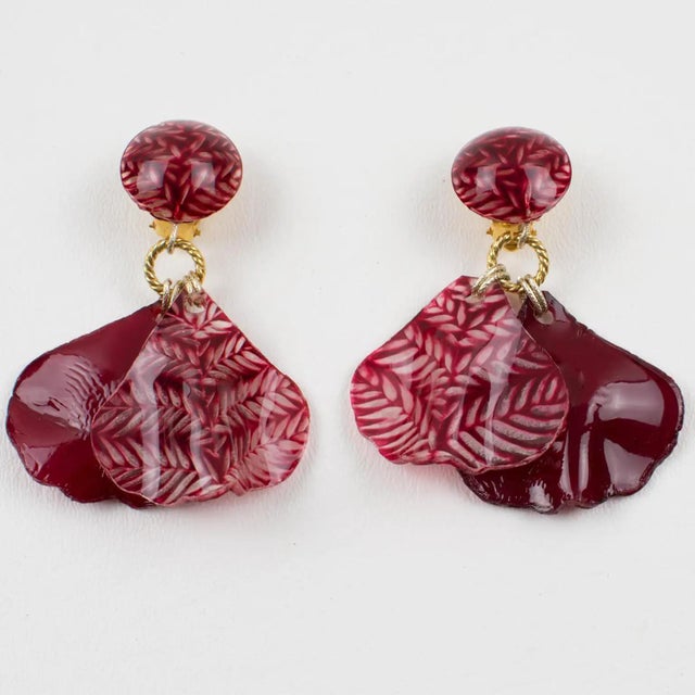 Francoise Montague Paris Earrings Dangle Burgundy Petals For Sale - Image 4 of 6