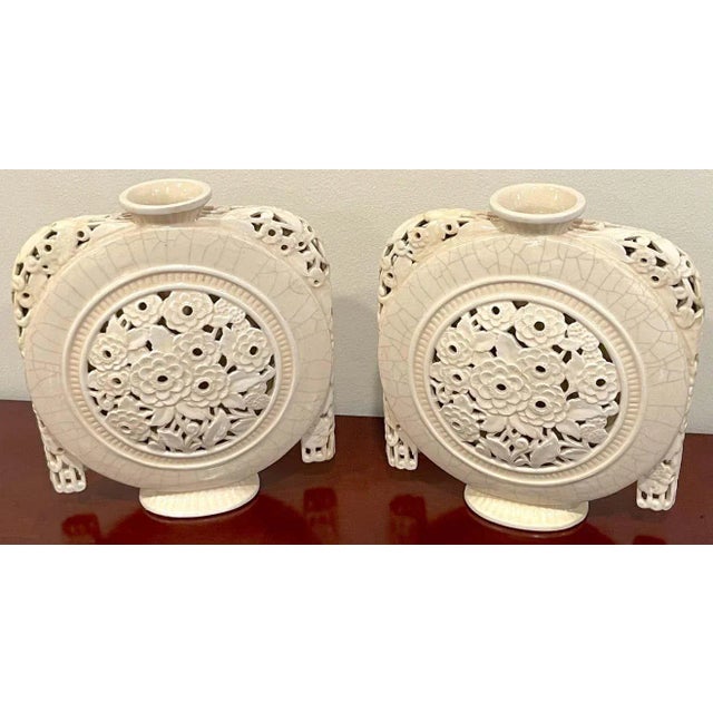 1920s French Art Deco Pierced Moon Flask Vases by, Henri Chaumeil - A Pair For Sale In West Palm - Image 6 of 13