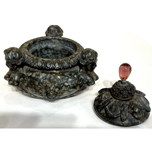 18th Century/Older Italian Renaissance Style Carved Verdigris Marble Table Box For Sale - Image 4 of 12