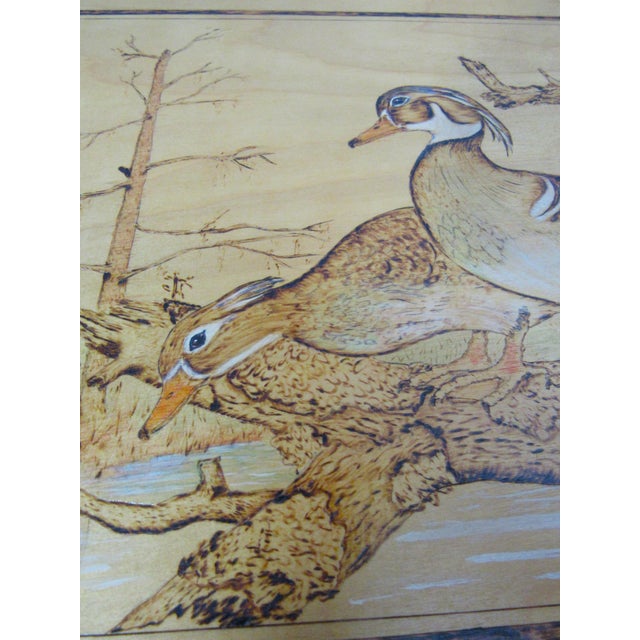 Late 20th Century Folk Art Choctaw Native American Pyrogrophy Wood Burning Wood Duck Art Signed For Sale - Image 4 of 15