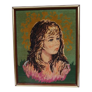 Mid 20th Century Framed Needlepoint Needle Point Pretty Sweet Young Girl Crying For Sale