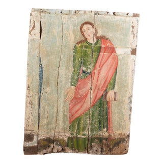 19th C. Original Oil on Wood Rustic Religious Painting of St.John the Evangelist For Sale