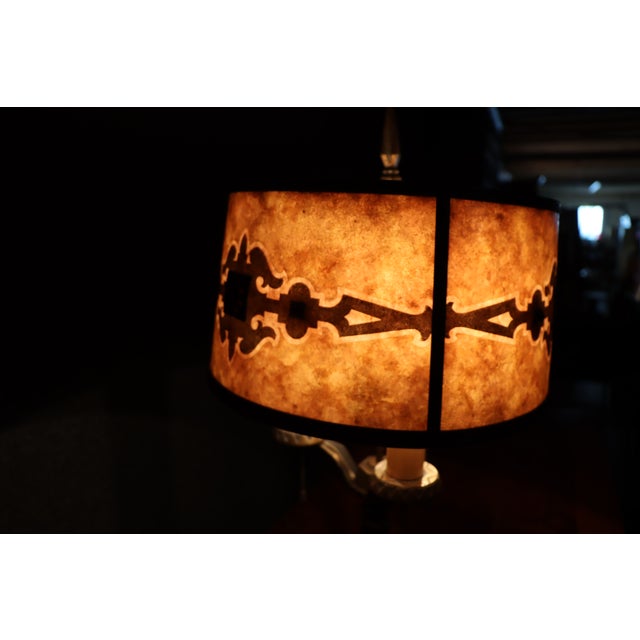 Brass Early 20th Century Art Deco Three-Light Table Lamp With Mica Shade For Sale - Image 8 of 17