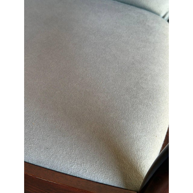 1980s Grey Upholstered Barrel Armchairs Pair With Dark Wood Frames Vintage 1980s For Sale - Image 5 of 9