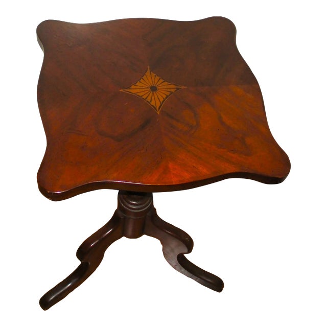 1960s Drexel Heritage Queen Anne Stenciled Top Design Candle Stand/ Table W Drawer For Sale