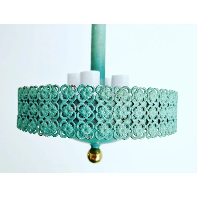 Lovely petite garden style pendant light of soft turquoise metal with rope style neck, bands of filigreed flower blossoms...