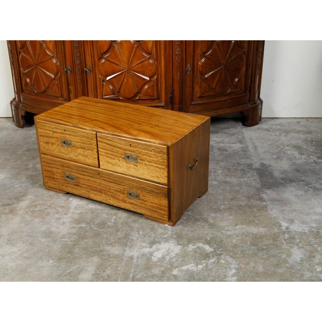 Wood English Campaign 19th Century Camphor Wood Low Chest with Inset Brass Hardware For Sale - Image 7 of 12
