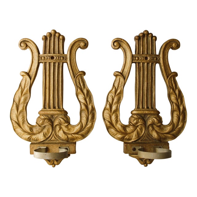 Louis XIV French Gilded Gold Harp Candle Votive Sconces, S/2 For Sale