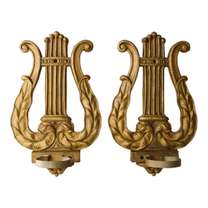 Louis XIV French Gilded Gold Harp Candle Votive Sconces, S/2