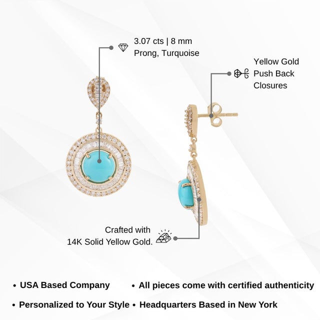 Luxury 14k Gold Turquoise & Diamond Double Halo Drop Earrings, 3.07ct- A Pair For Sale - Image 11 of 14