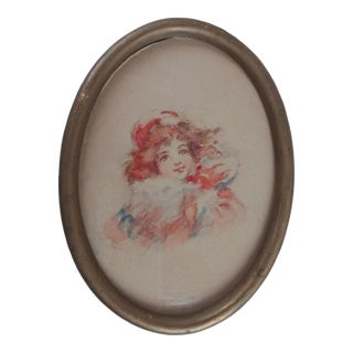 Small Victorian Watercolor Portrait Painting of Young Girl For Sale